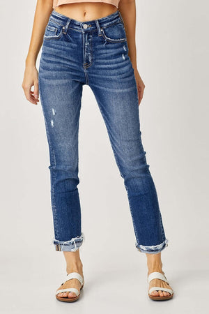 High-Rise Frayed Cuffed Straight Jeans by Risen Jeans - Trendy, versatile denim with a flattering high-rise fit and edgy frayed cuffs.