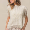 Layered Pleat Chiffon Edge Cable Knit Top - Cream