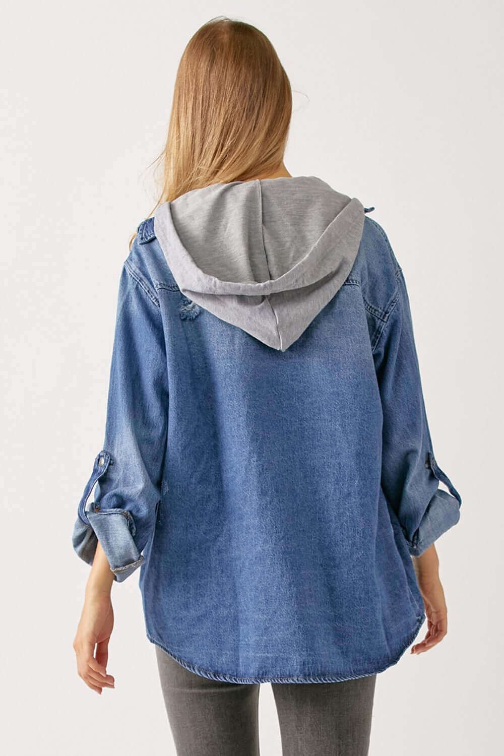 Risen Jeans Zip Up Hooded Denim Shirt – lightweight, casual oversized design with a layered hoodie look. Perfect for all seasons.