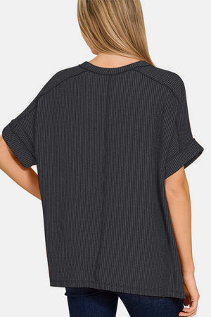 Ribbed Exposed Seam High-Low T-Shirt