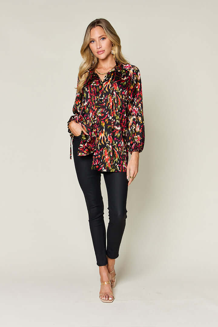 DOUBLE TAKE Full Size Printed Button Up Long Sleeve Shirt at Bella Road