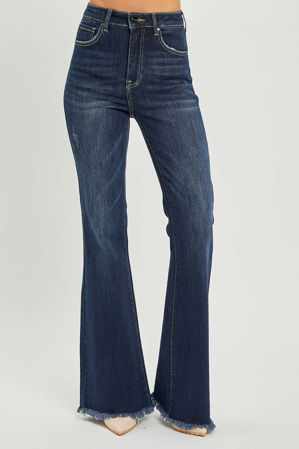 Chic High Waist Raw Hem Flare Jeans by Risen Jeans, featuring retro-inspired design, raw hem detail, and comfortable denim material.