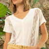 Inset Lace Outseam Detail Short Sleeve V-Neck T-Shirt - Ivory