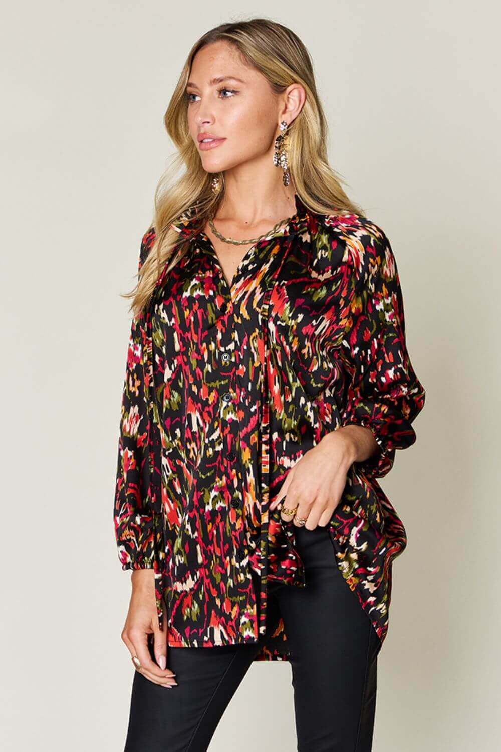 DOUBLE TAKE Full Size Printed Button Up Long Sleeve Shirt at Bella Road