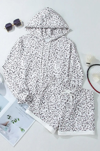 Bella Road Leopard Hoodie and Shorts Set with Drawstring, perfect for casual outings or lounging, showcases bold style and comfort.