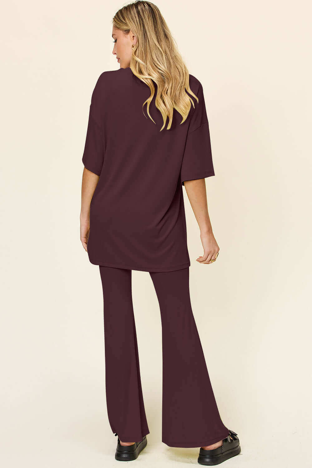 DOUBLE TAKE Full Size Round Neck Drop Shoulder T-Shirt and Flare Pants Set at Bella Road