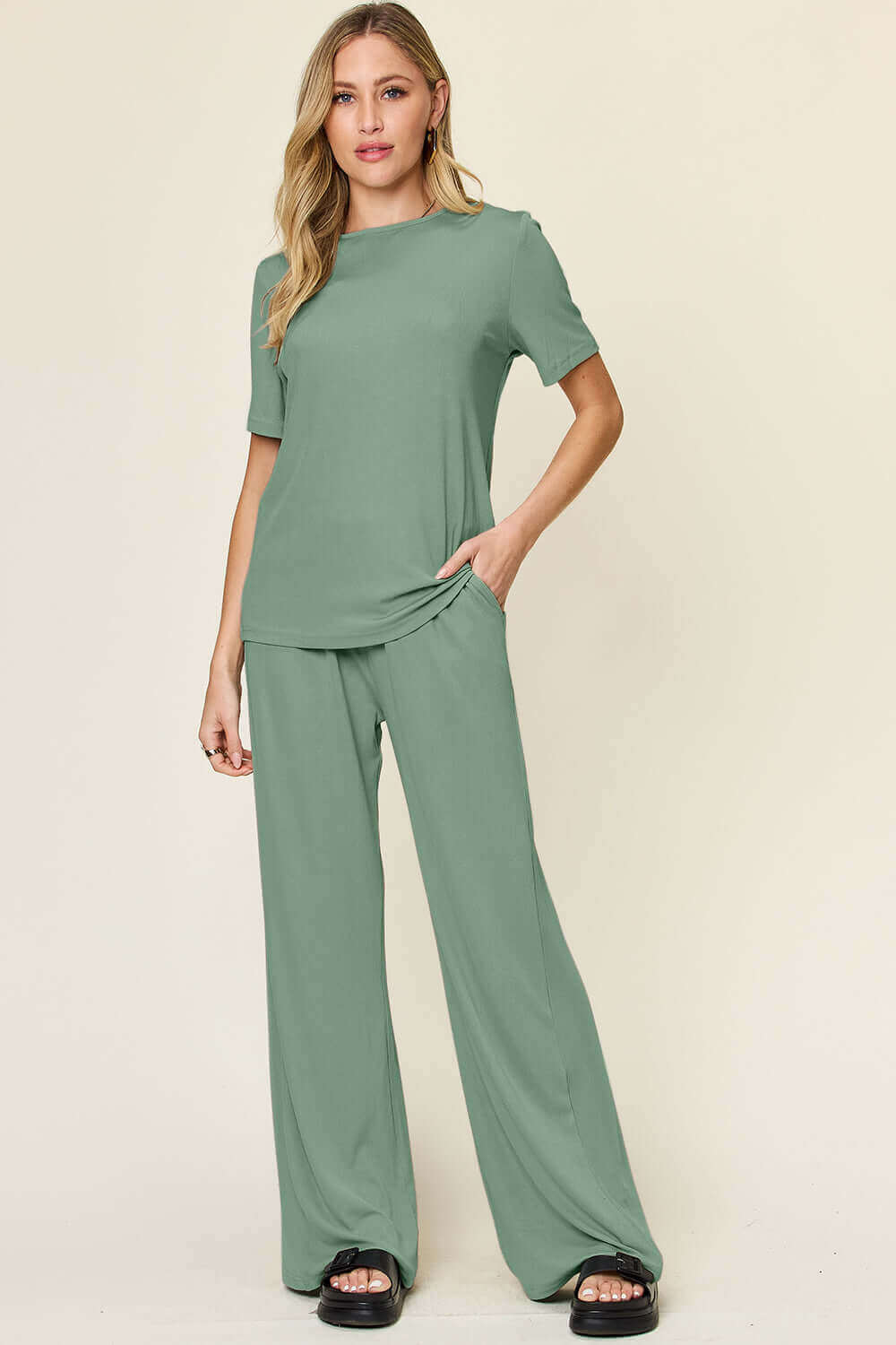 DOUBLE TAKE Full Size Round Neck Short Sleeve T-Shirt and Wide Leg Pants Set at Bella Road