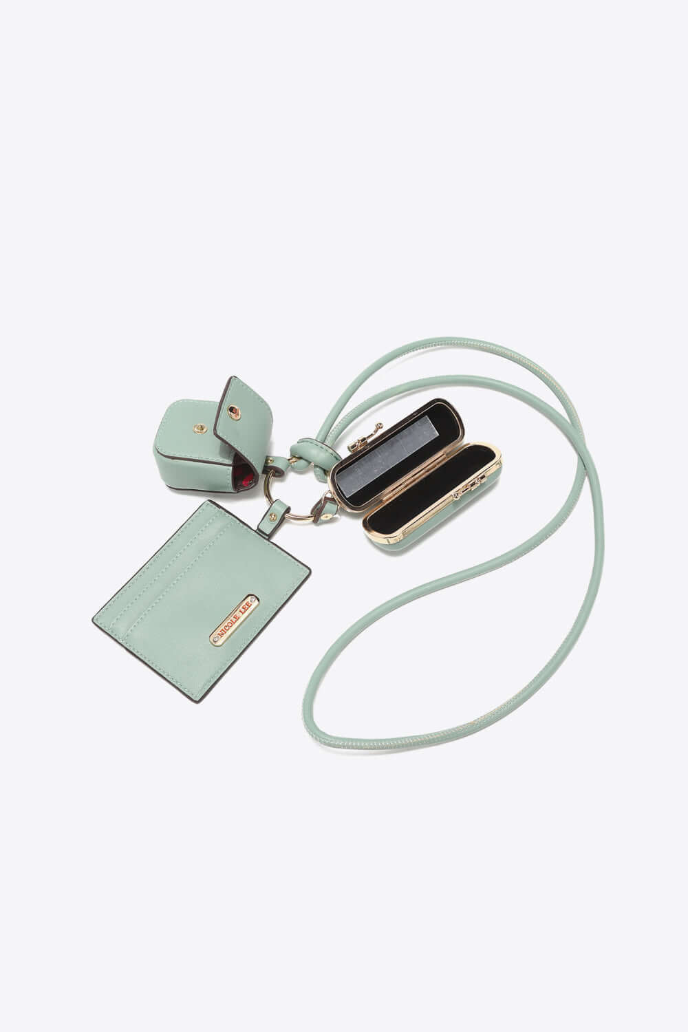 Nicole Lee USA vegan leather 3-piece lanyard set in mint green with wallet, AirPods case, and key holder.