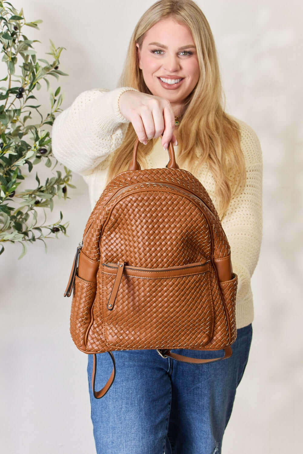 SHOMICO PU Leather Woven Backpack at Bella Road