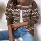 Woman wearing Perfee Geometric Zip Up Collared Neck Long Sleeve Cardigan in brown with white patterns, paired with blue jeans