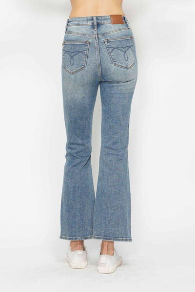 Back view of Judy Blue tummy control bootcut jeans with embroidered pockets, perfect for a stylish plus size look.