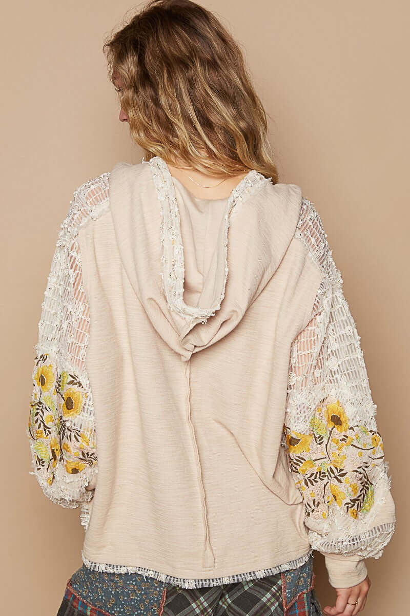 Back view of POL Star Patch Lace Long Sleeve Hooded Top showcasing lace sleeves and floral details. Perfect blend of style and comfort.