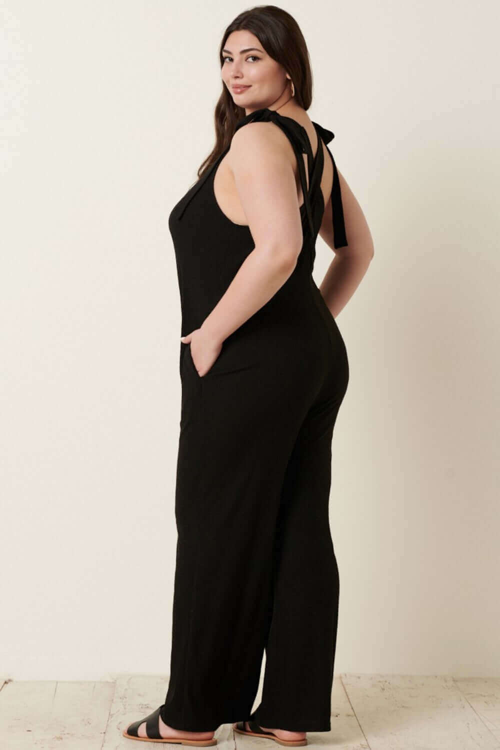 MITTOSHOP Rib Knit V-Neck Cross Back Jumpsuit at Bella Road