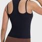 Sleek black racerback tank top showing unique cutout design and comfy fit, perfect for dynamic workouts and stylish activewear.