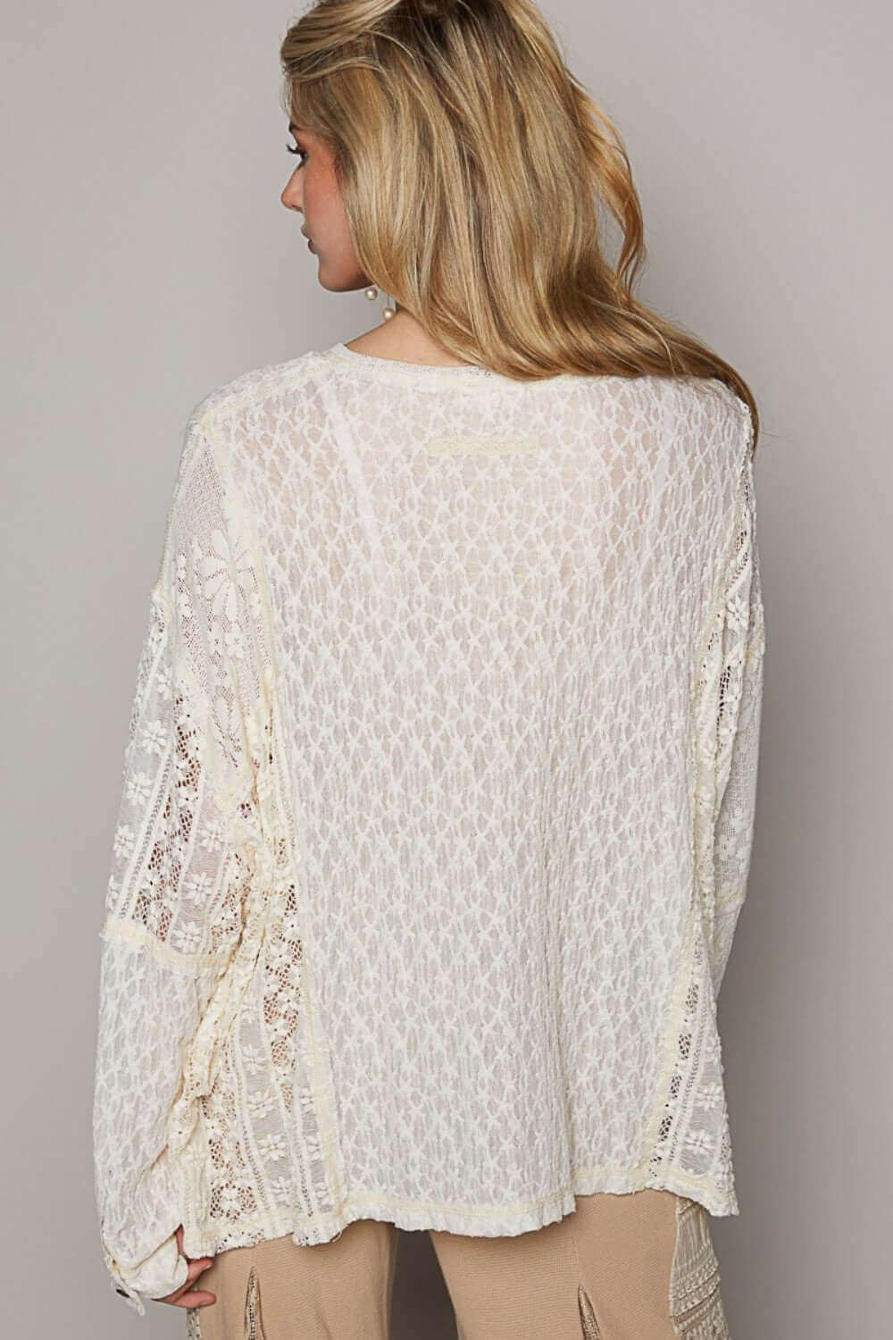 POL Round Neck Long Sleeve Raw Edge Lace Top at Bella Road