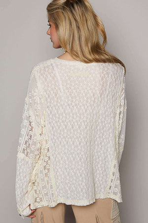 POL Round Neck Long Sleeve Raw Edge Lace Top at Bella Road