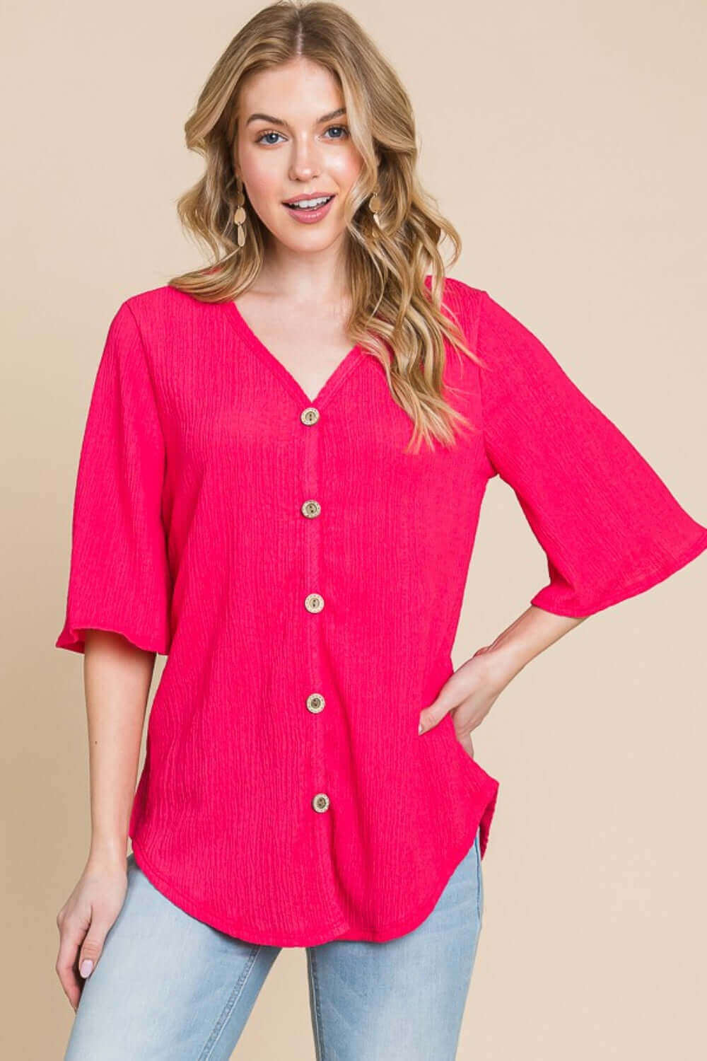 BOMBOM Texture Decorative Button V-Neck Top at Bella Road