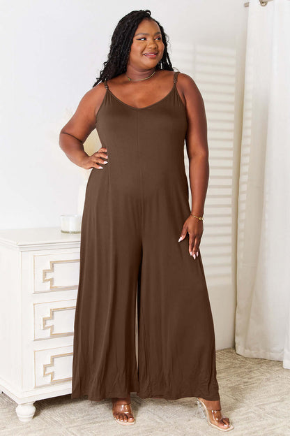 DOUBLE TAKE Full Size Soft Rayon Spaghetti Strap Tied Wide Leg Jumpsuit at Bella Road