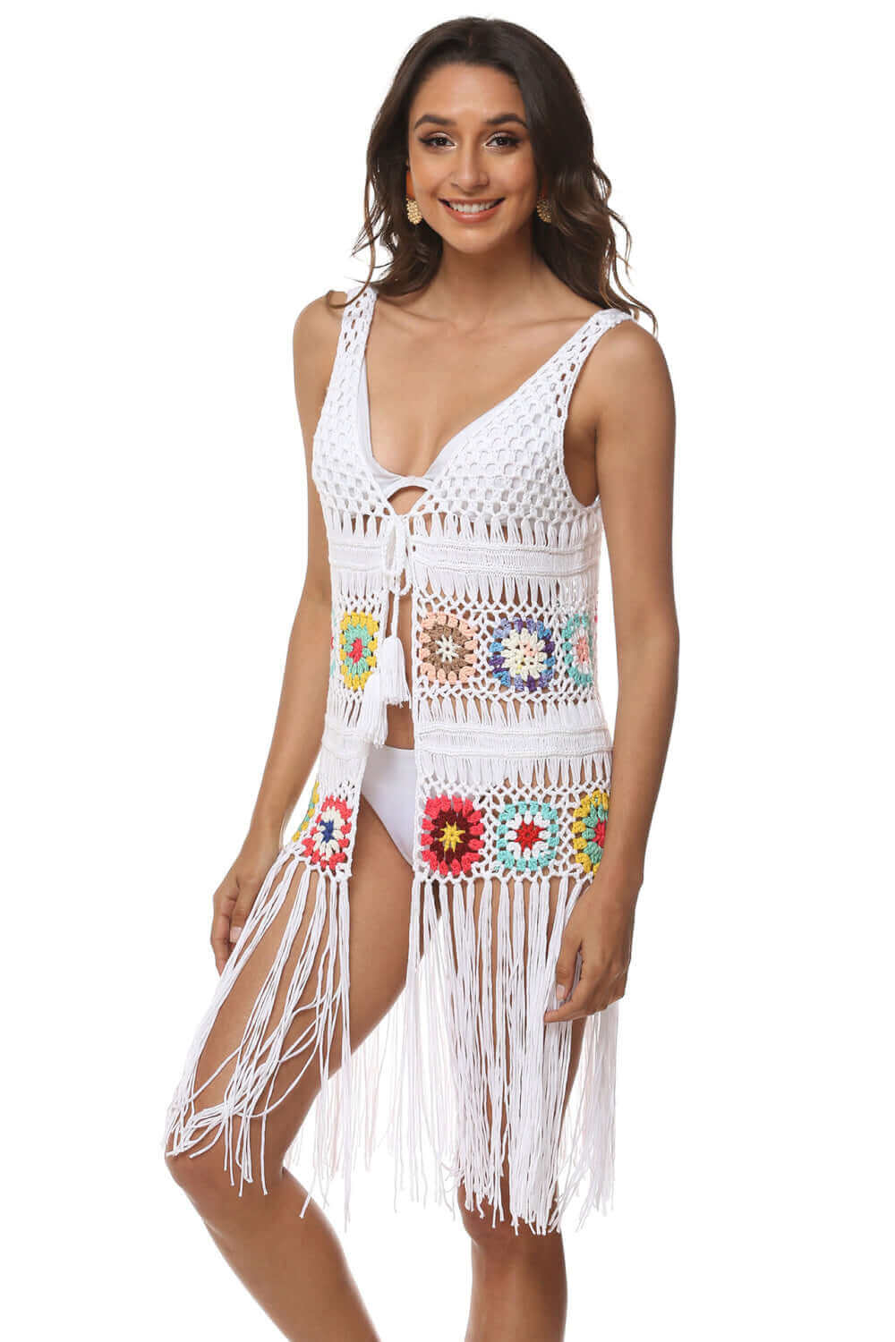 BELLA ROAD Openwork Fringe Detail Embroidery Sleeveless Cover-Up at Bella Road