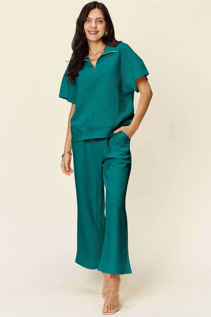 DOUBLE TAKE Full Size Texture Half Zip Short Sleeve Top and Pants Set at Bella Road