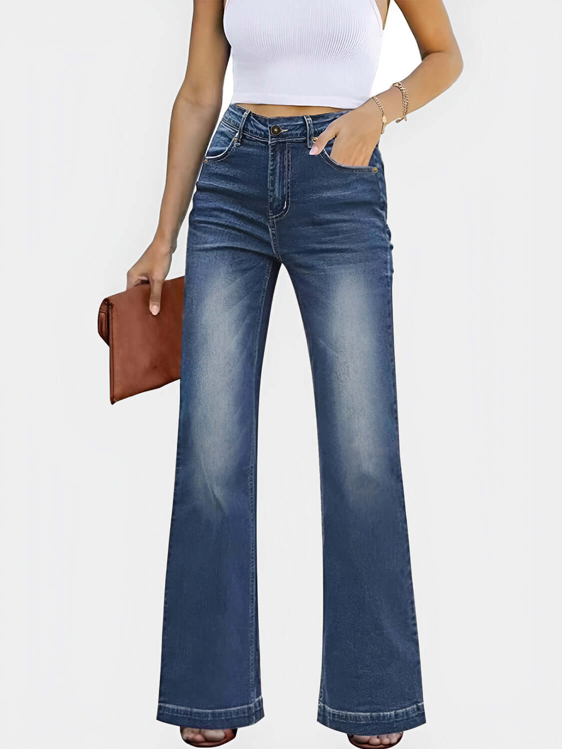 High waist bootcut jeans with pockets, moderate stretch, buttoned, and made from a cotton blend. Perfect for stylish comfort.