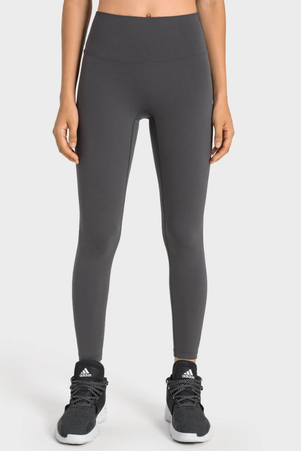 Millennia High-Rise Wide Waistband Yoga Leggings in gray, perfect for yoga and workouts with a comfortable, skin-like fit.