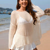 Openwork Slit Boat Neck Long Sleeve Cover-Up - Cream