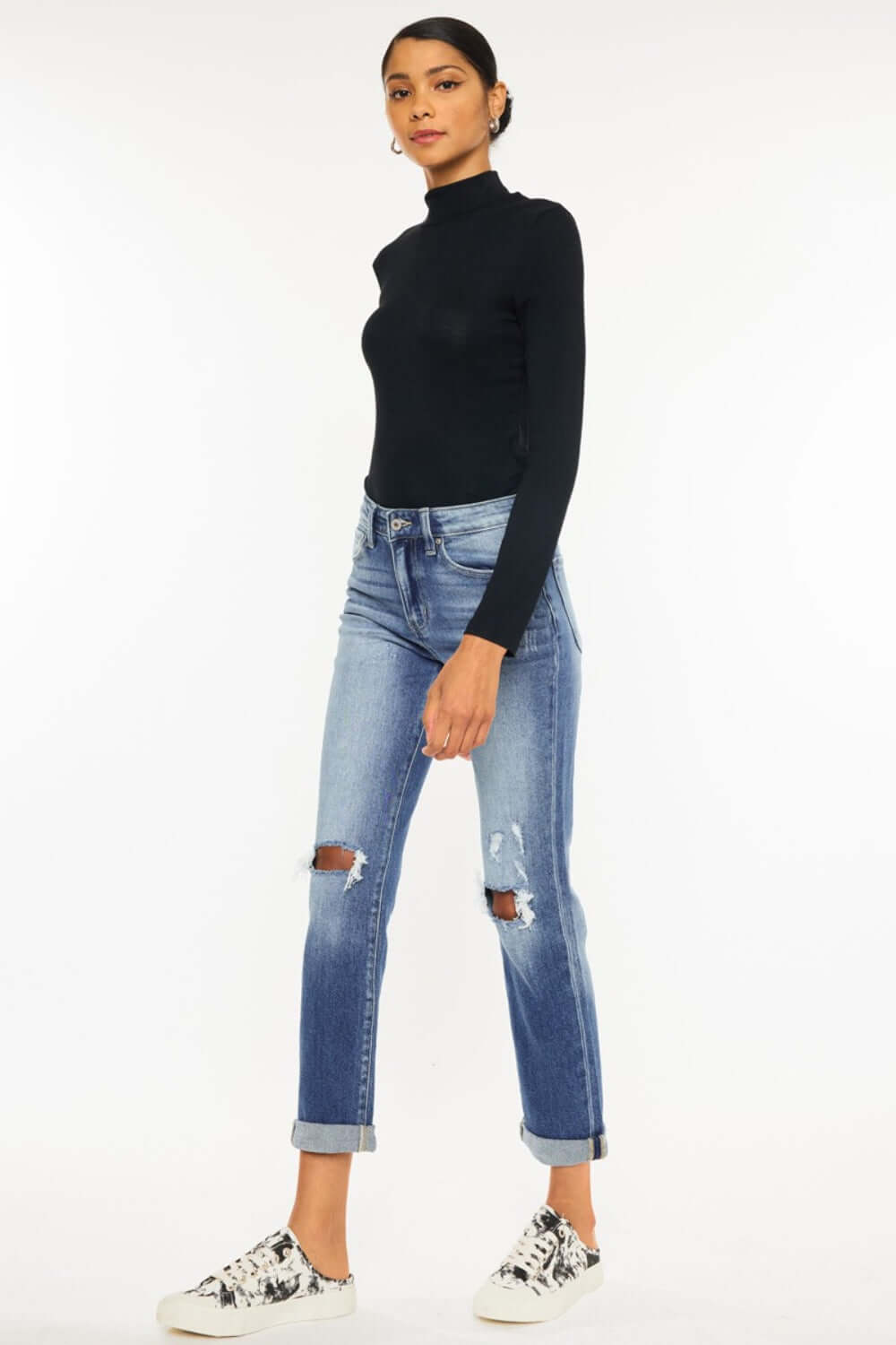 High Waist Distressed Hem Detail Cropped Straight Jeans with a trendy, rebellious vibe, perfect for showcasing stylish footwear.