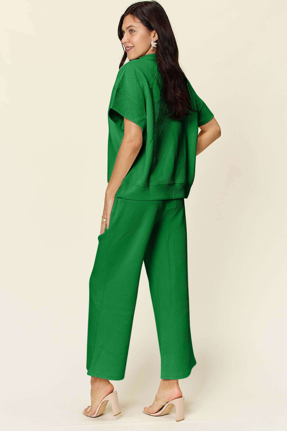 DOUBLE TAKE Full Size Texture Half Zip Short Sleeve Top and Pants Set at Bella Road