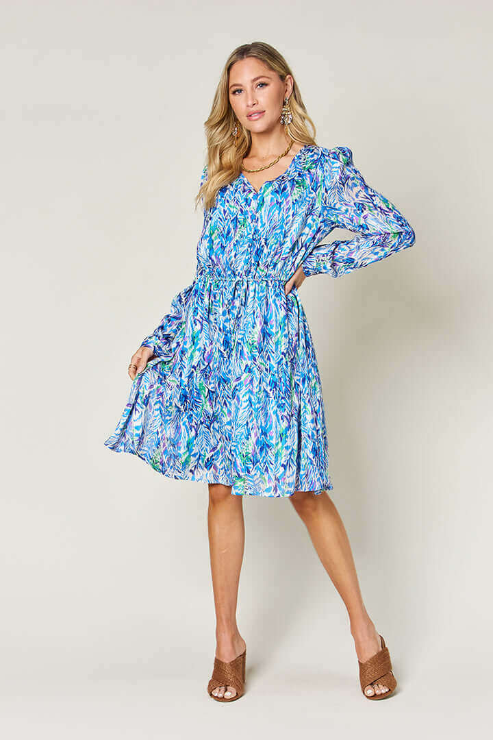 DOUBLE TAKE Full Size Printed Drawstring Waist Long Sleeve Dress at Bella Road