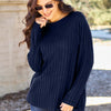 Basic Bae Ribbed Round Neck Long Sleeve Knit Top - Dark Blue