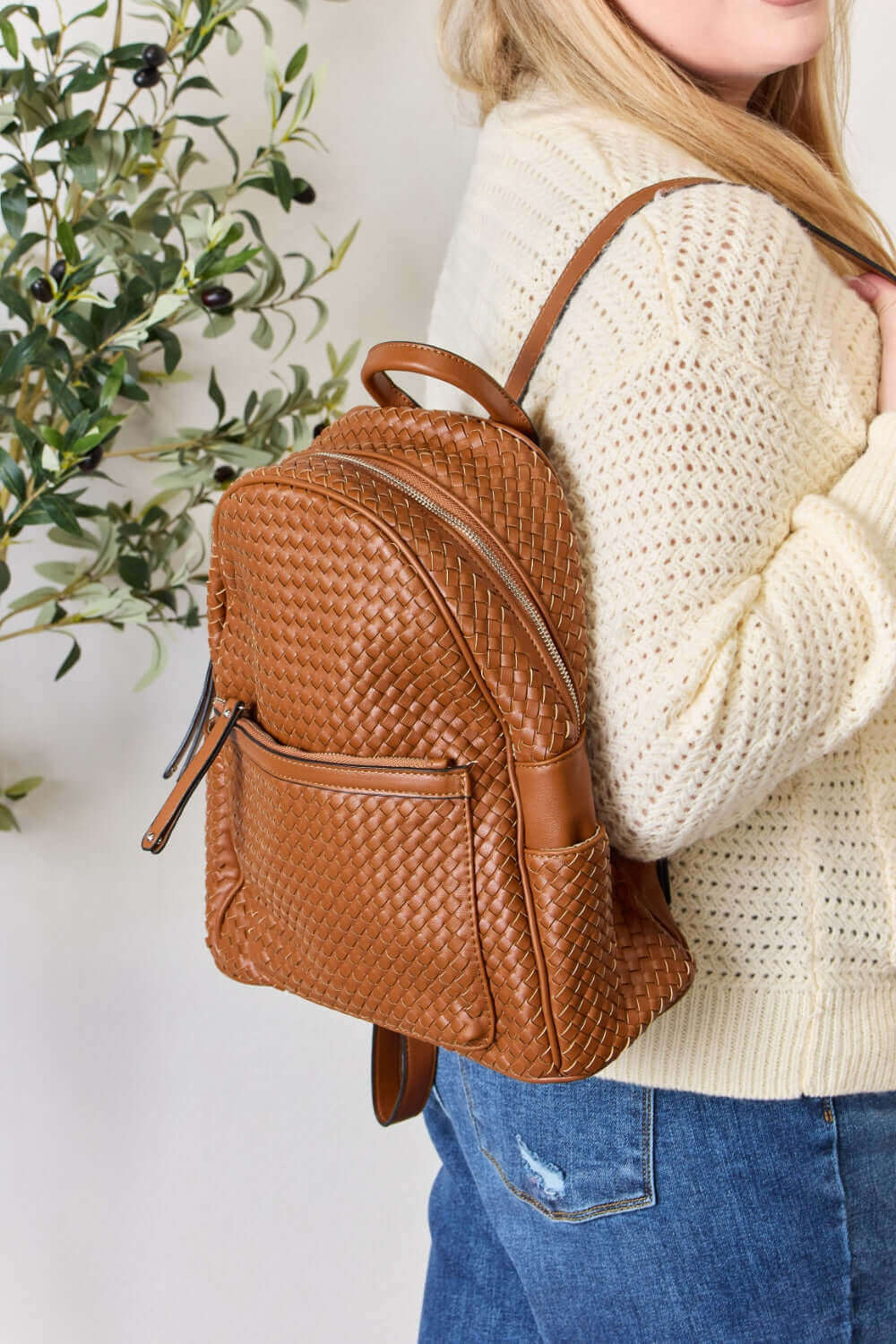 SHOMICO PU Leather Woven Backpack at Bella Road