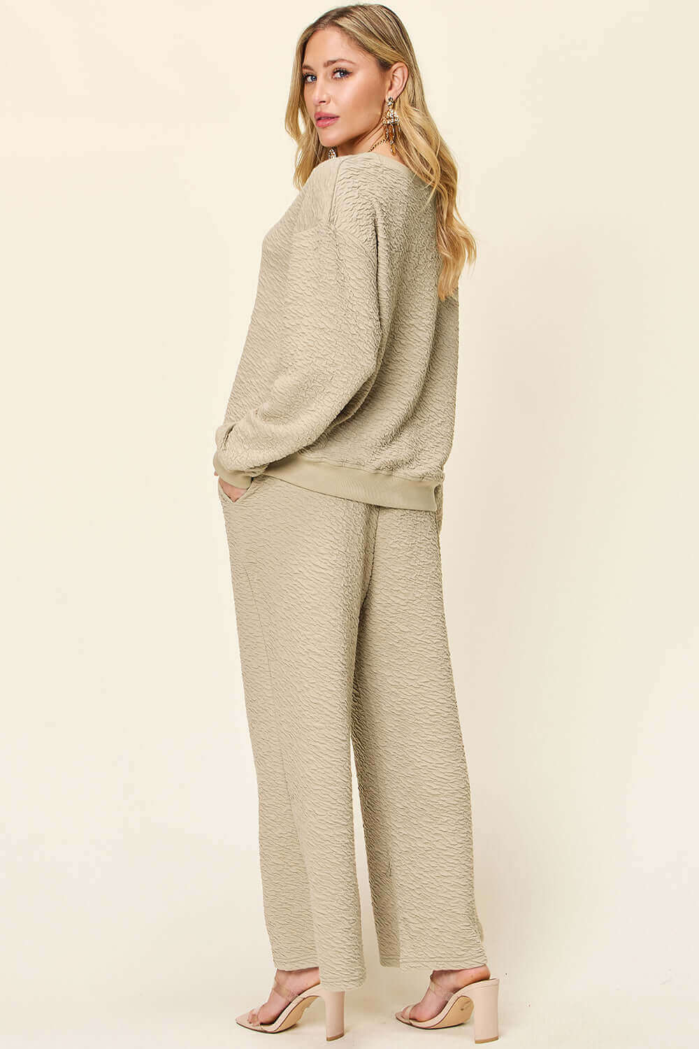 DOUBLE TAKE Full Size Texture Long Sleeve Top and Pants Set at Bella Road