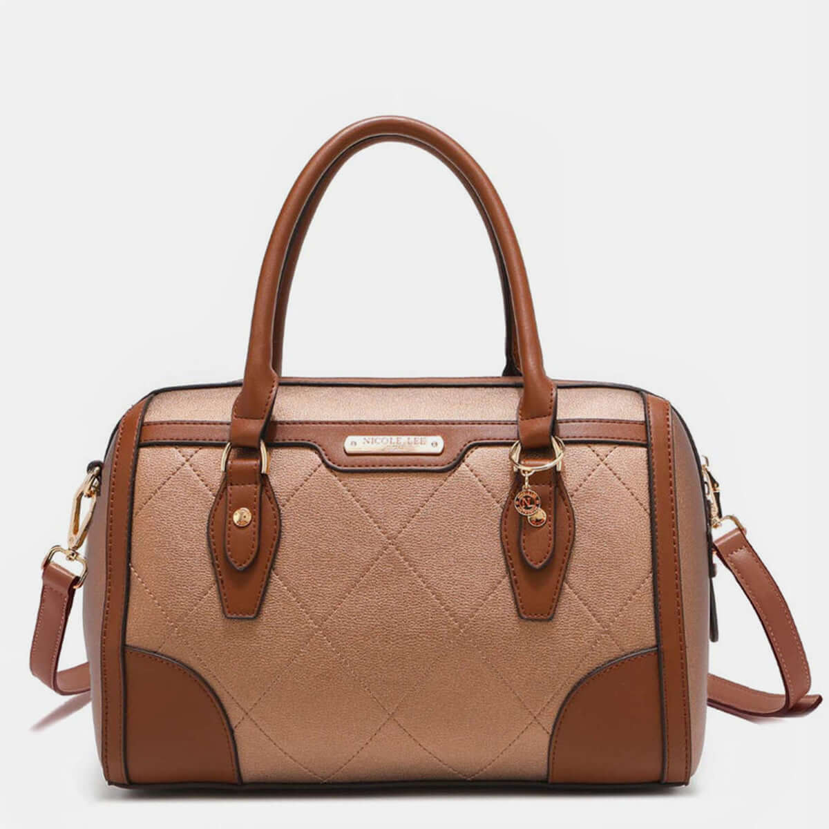 Nicole Lee USA medium boston bag with diamond quilted stitching in brown vegan leather, featuring a modern and elegant design.