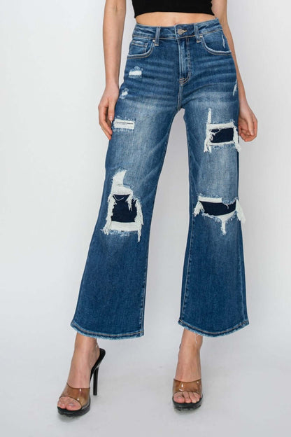 High rise patch detailed wide leg crop jeans for petites, featuring Risen Jeans brand, perfect for a trendy and fashion-forward look.