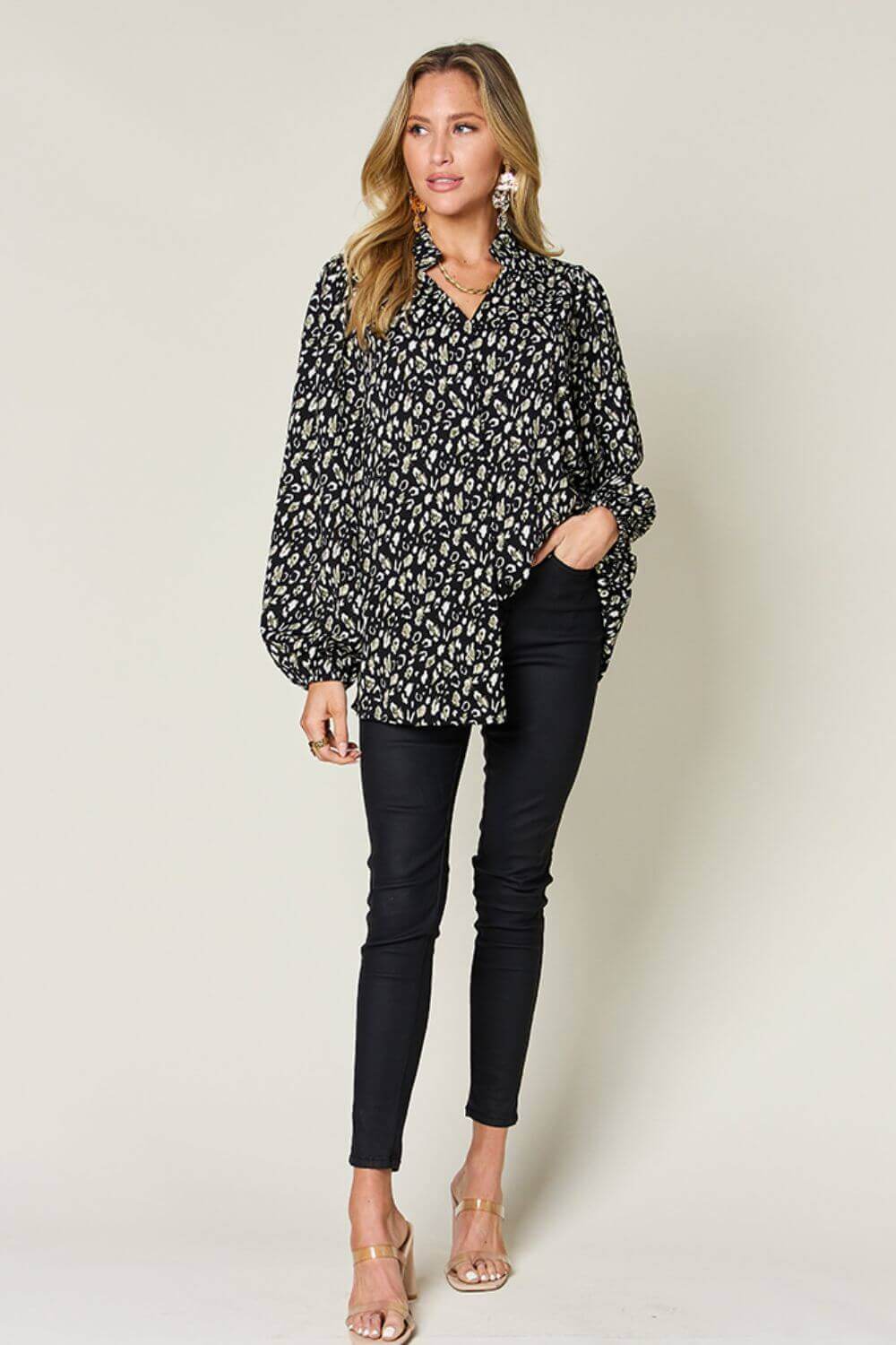 DOUBLE TAKE Full Size Leopard Long Sleeve Blouse at Bella Road