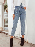 Stylish Bella Road Tied Straight Leg Jeans with pockets, perfect for a chic all-day look and effortless style.