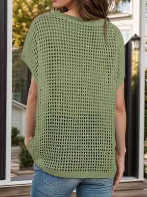 Back view of Bella Road Swim Openwork Round Neck Cover-Up in Moss, stylish poolside accessory for summer.