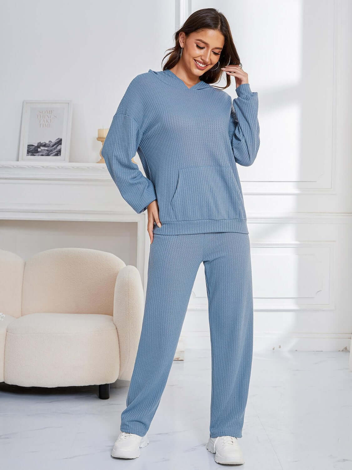 Bella Road light blue hoodie and pants set with dropped shoulder, perfect for lounging or errands—stylish, comfy, slightly stretchy.