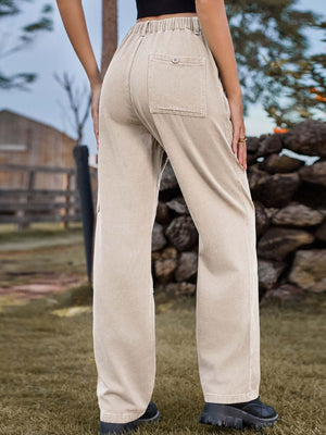 Back view of Bella Road High Waist Cargo Straight Jeans in beige, featuring spacious pocket and relaxed fit.