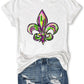 Bella Road Mardi Gras T-Shirt featuring colorful fleur-de-lis graphic, styled with ripped denim shorts for a fun look.