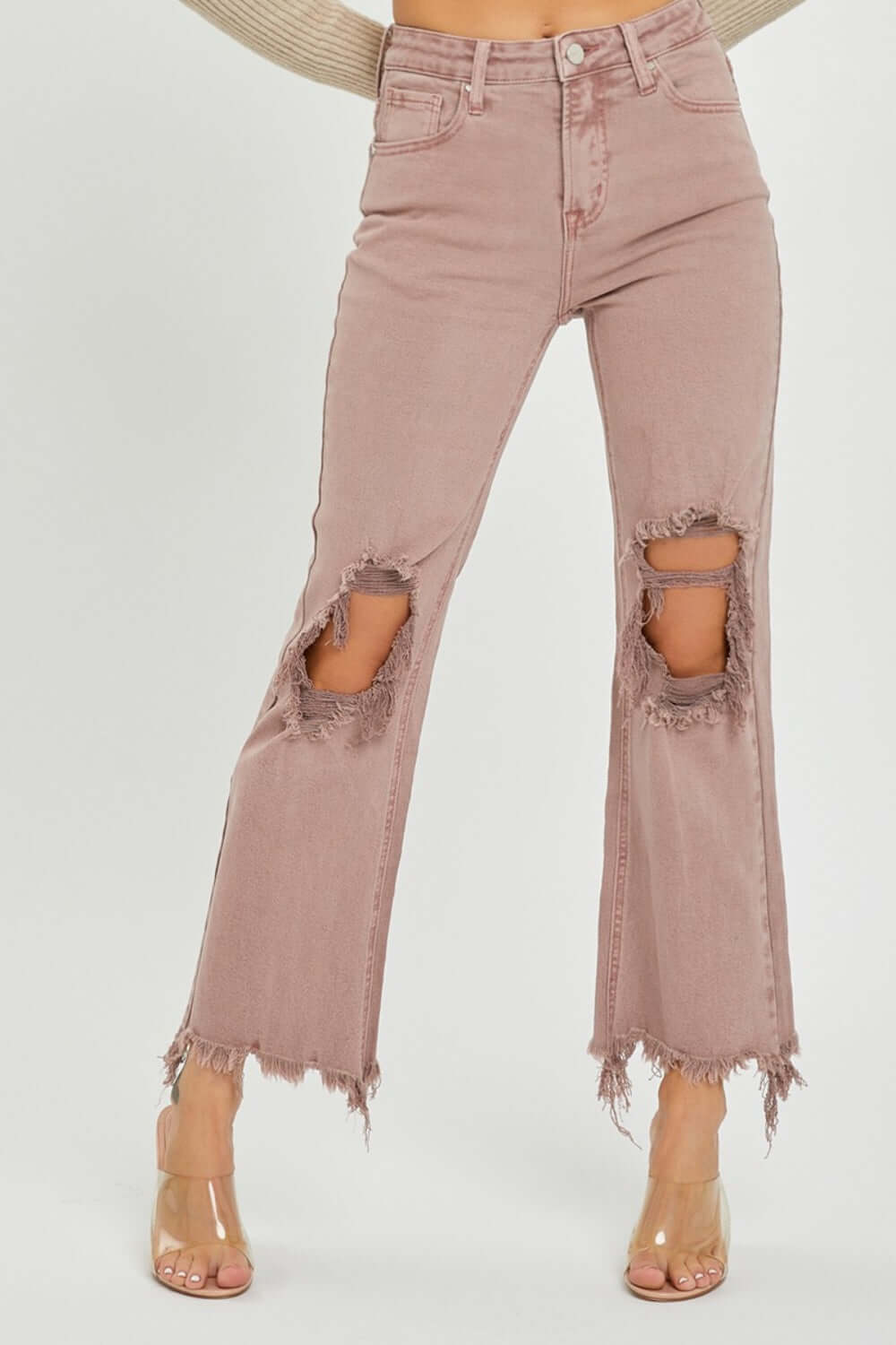 Distressed Ankle Bootcut Jeans with frayed hems and ripped knees by Risen Jeans, showcasing retro style with a contemporary twist.