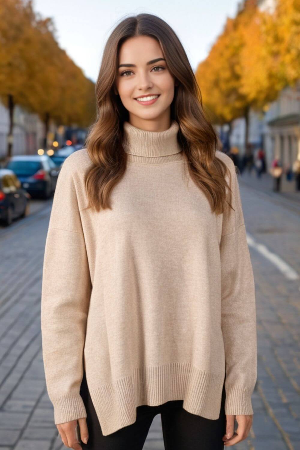 Woman wearing a cozy turtleneck sweater with side slits and dropped shoulders, perfect for fall fashion on a sunny day in the city.