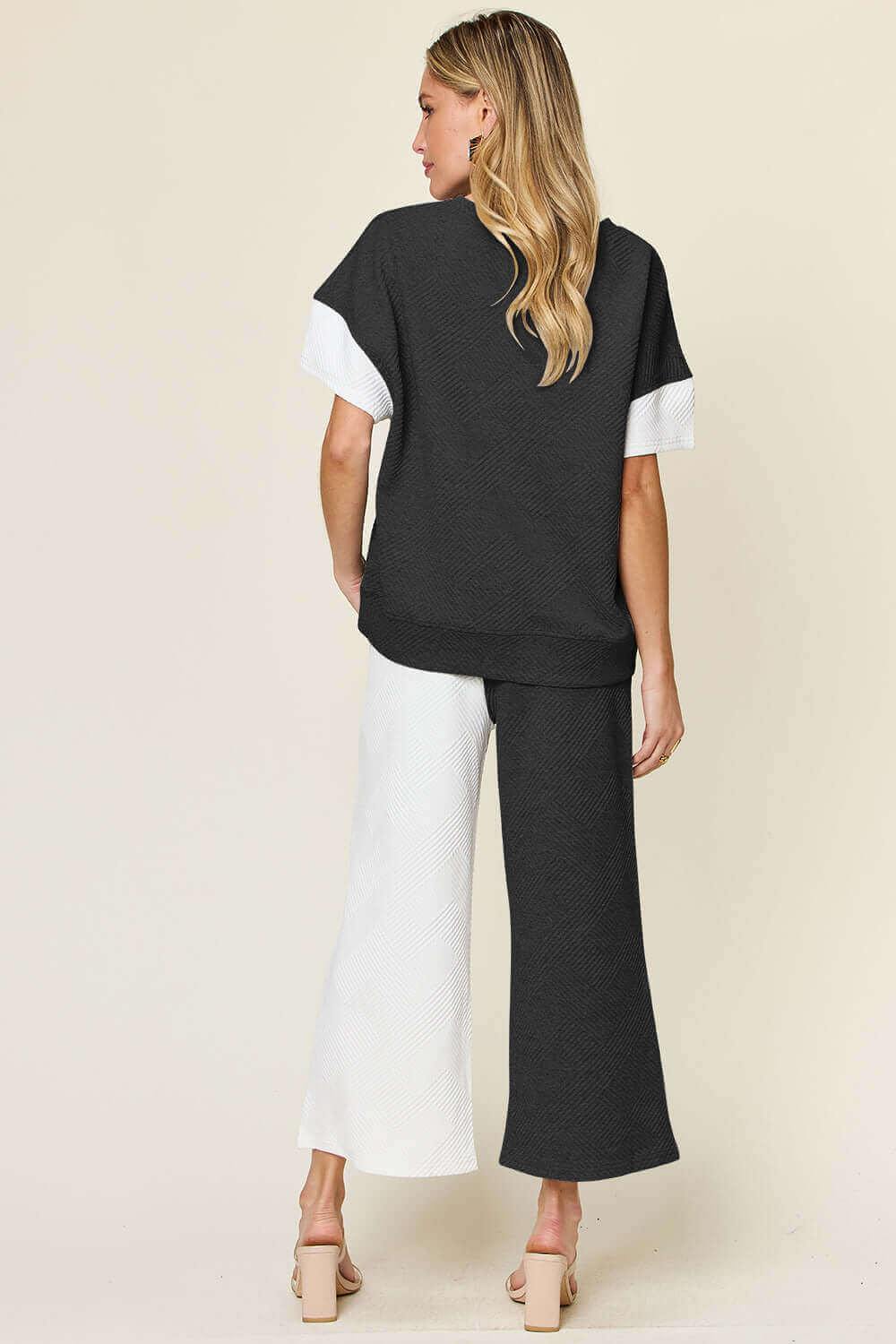 DOUBLE TAKE Full Size Texture Contrast T-Shirt and Wide Leg Pants Set at Bella Road