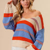 BiBi Multi Color Stripe Scoop Neck Sweater - Rust/Oatmeal/Blue