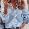 Ruffled V-Neck Long Sleeve Blouse - Light Blue