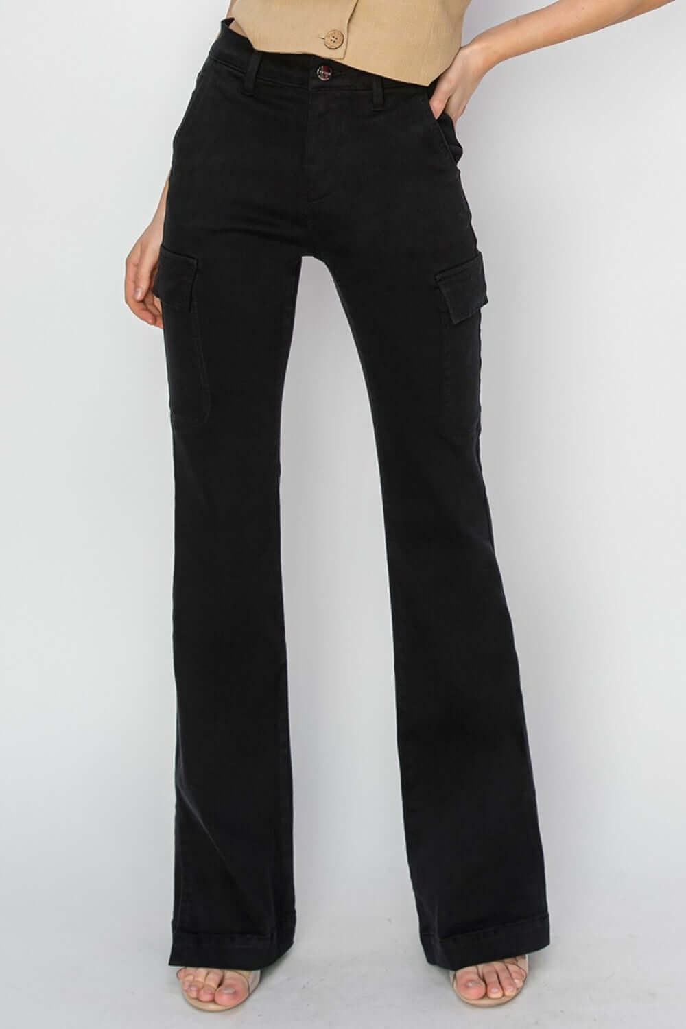 High Rise Side Slit Cargo Bootcut Jeans by Risen Jeans with utility pockets and edgy slit details, perfect for versatile styling options.