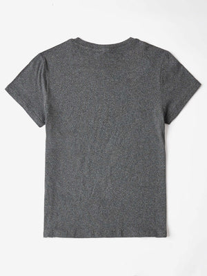 Back view of a gray round neck short sleeve t-shirt made of 100% polyester, slightly stretchy, basic style.