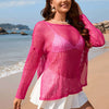 Openwork Slit Boat Neck Long Sleeve Cover-Up - Hot Pink