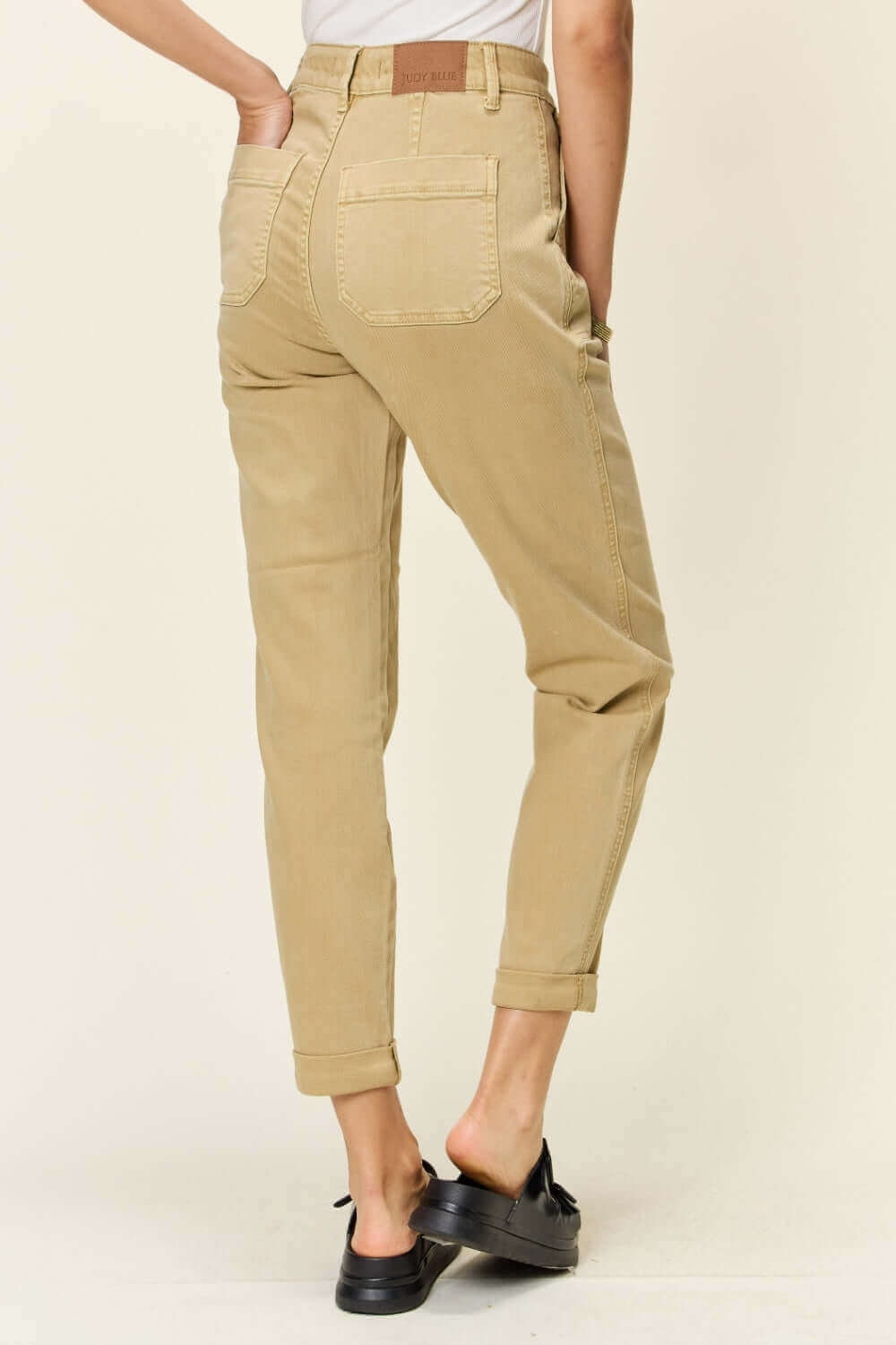 High Waist Jogger Jeans Full Size in beige, showcasing Judy Blue Jeans with a flattering fit, elasticized waistband, and adjustable drawstring.